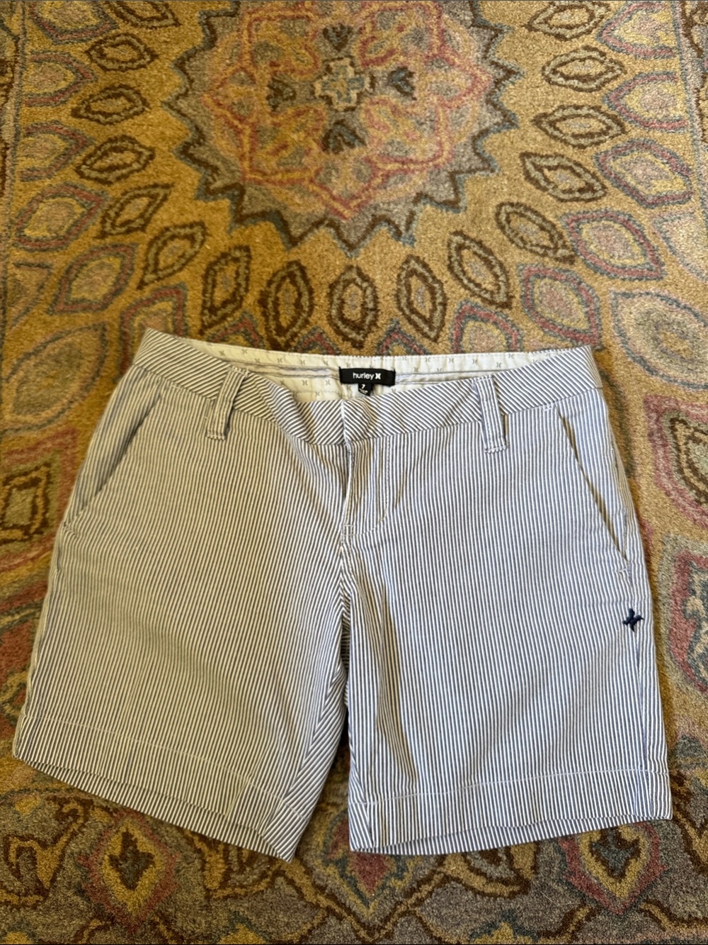 Hurley Juniors Navy & White Pinstripe Bermuda Shorts - Size 7